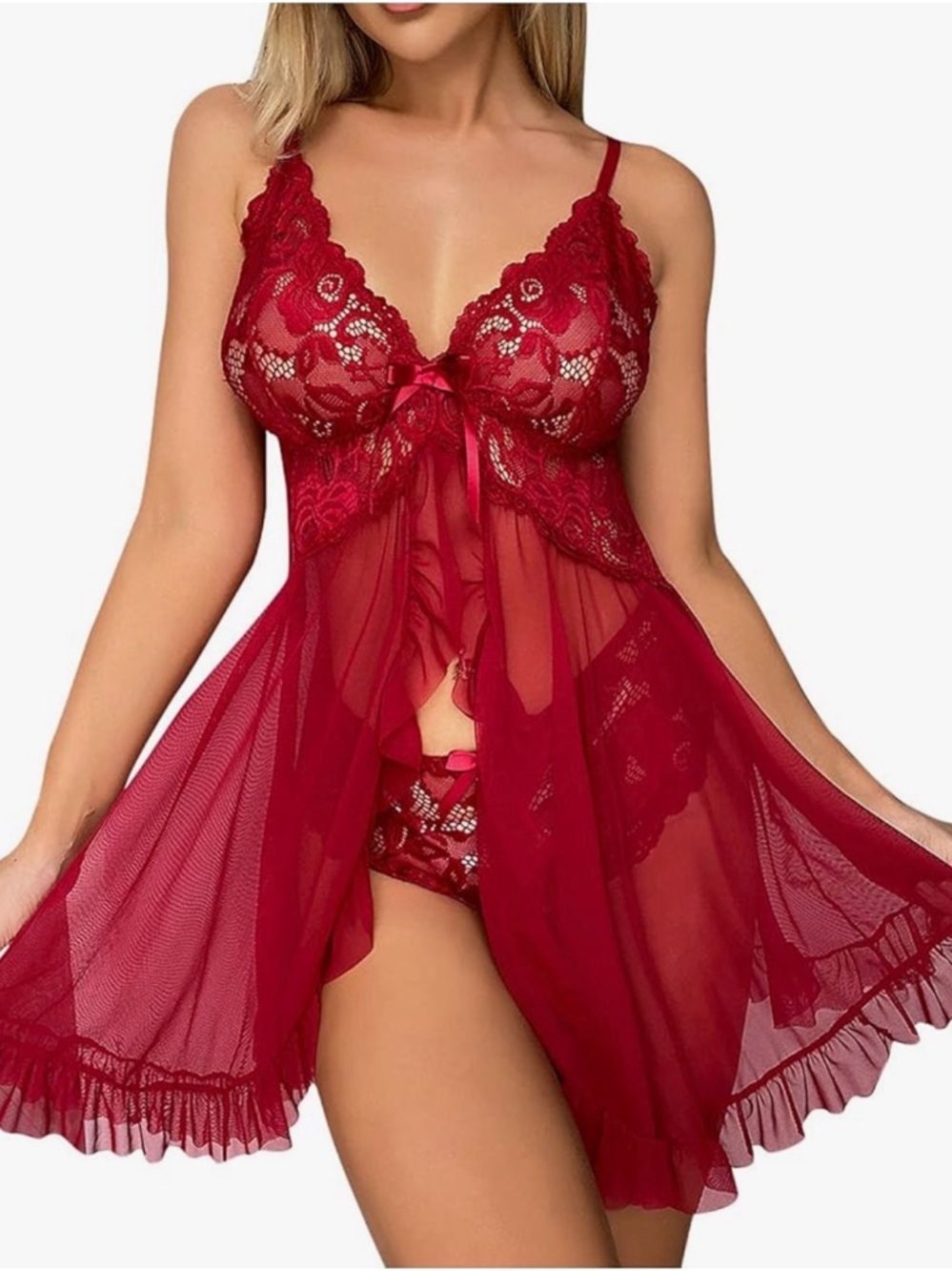 NWT Red Lace Babydoll Lingerie Set Ruffle Hem & Matching Panty Size L